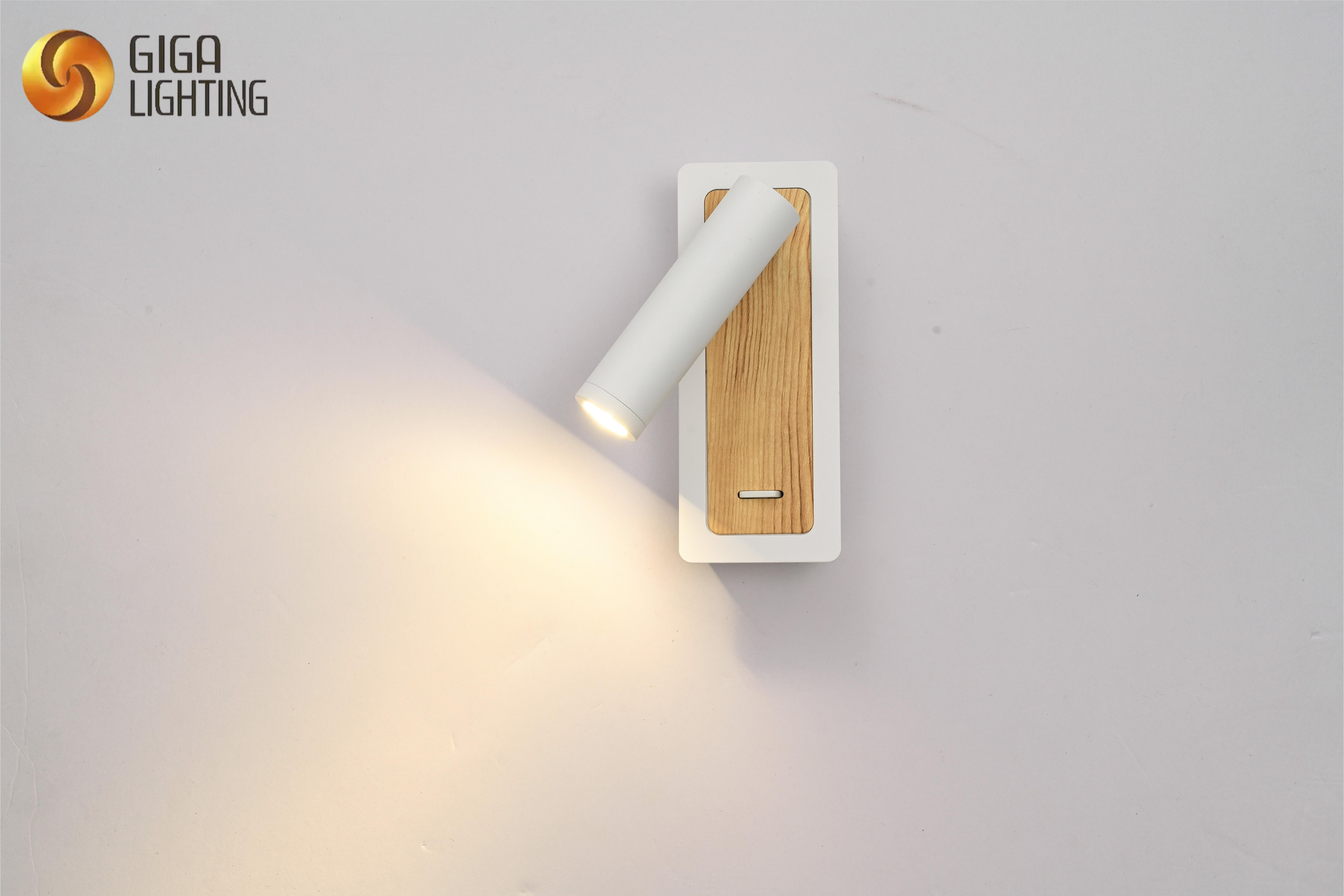 Lámpara de pared LED de hierro moderna para mesita de noche, luz de punto, interruptor de cuchillo para dormitorio con base de lluvia de madera