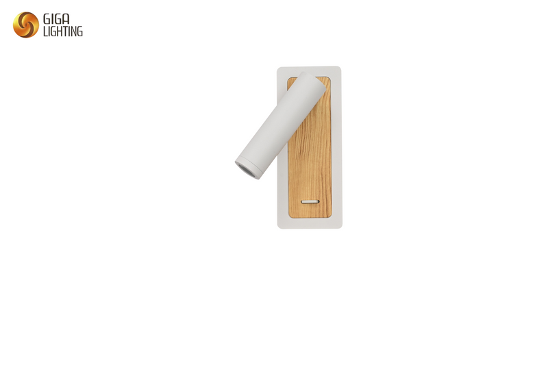 Lámpara de pared LED de hierro moderna para mesita de noche, luz de punto, interruptor de cuchillo para dormitorio con base de lluvia de madera