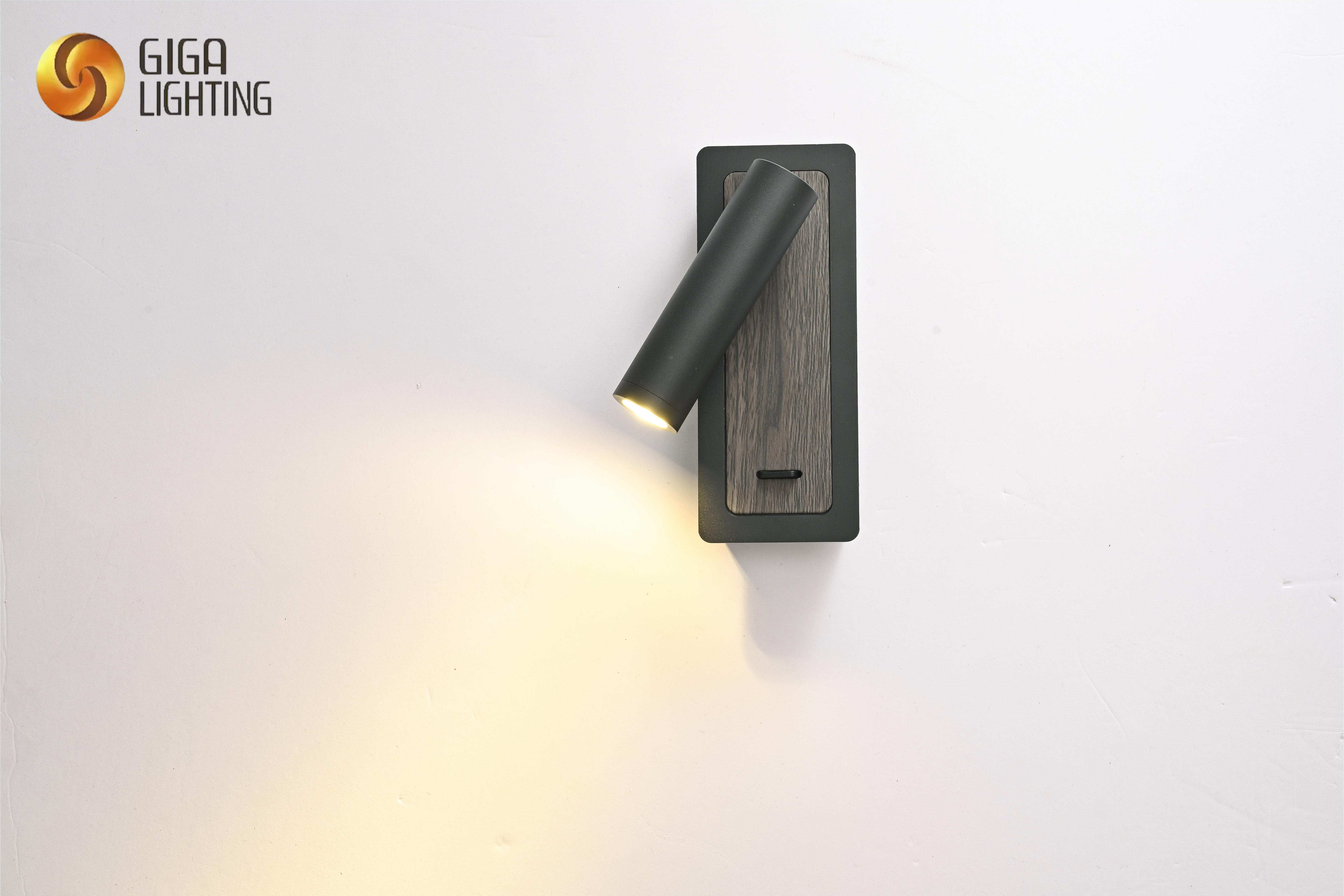 Lámpara de pared LED de hierro moderna para mesita de noche, luz de punto, interruptor de cuchillo para dormitorio con base de lluvia de madera